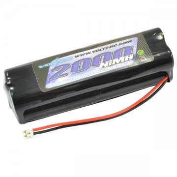 Rechargeable Voltz TX 9.6V 2000mAh square battery with JR/Spektrum connector, a high-capacity power source for remote-controlled devices.