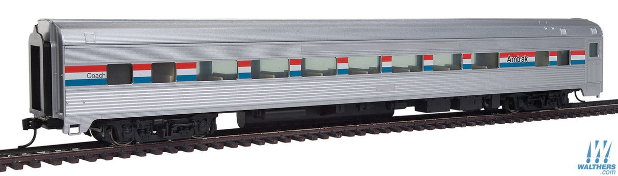 Walthers Mainline HO 85ft Budd Large-Window Coach - Ready to Run - Amtrak (Phase III; silver, Equal red, white, blue Stripes) Walthers Mainline TRAINS - HO/OO SCALE