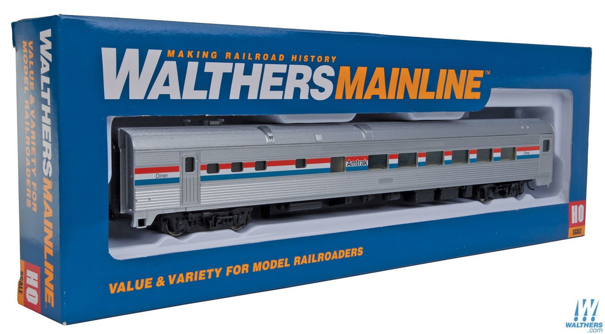 Walthers Mainline HO 85ft Budd Diner - Ready to Run - Amtrak (Phase III; silver, Equal red, white, blue Stripes) Walthers Mainline TRAINS - HO/OO SCALE