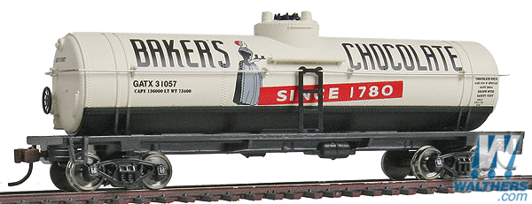 Walthers Trainline HO 40ft Tank Car - Ready to Run - Bakerfts Chocolate GATX #31057 (white, black, red) Walthers Trainline TRAINS - HO/OO SCALE