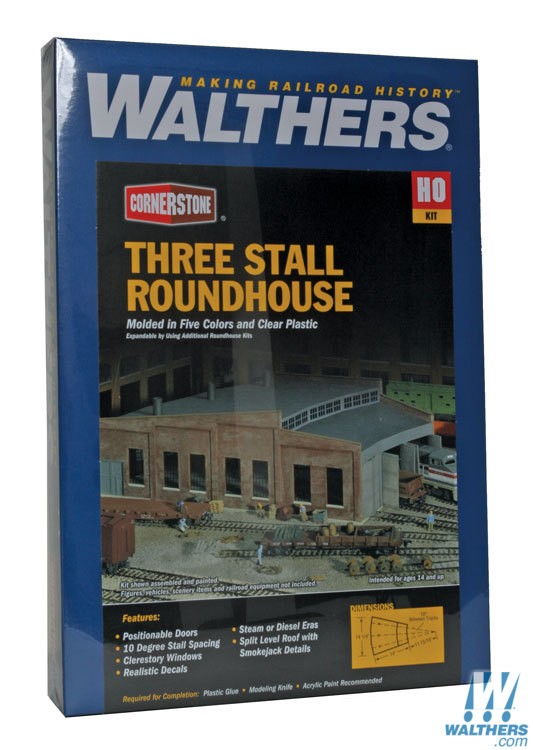 Walthers Cornerstone HO Three-Stall Roundhouse - Kit - 14 x 14-1/4 x 4-11/16in 35.6 x 36.2 x 11.9cm Walthers Cornerstone TRAINS - HO/OO SCALE