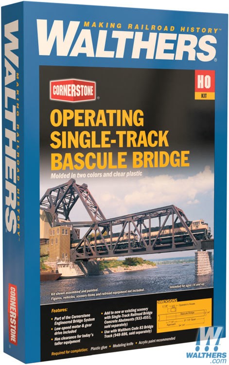 Walthers Cornerstone HO Operating Single-Track Railroad Bascule Bridge - Kit - 33-1/2 x 3 x 11in 83.7 x 7.5 x 27.5cm Walthers Cornerstone TRAINS - HO/OO SCALE