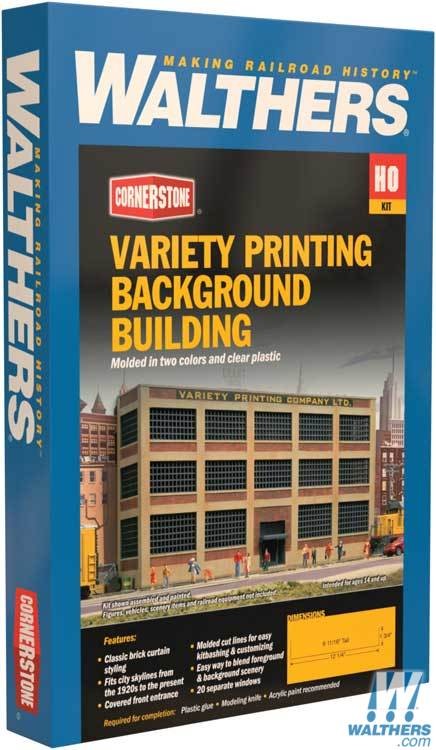 Walthers Cornerstone HO Variety Printing Background Building - Kit - 12-1/4 x 2-3/4 x 6-11/16in 30.6 x 6.8 x 16.7cm Walthers Cornerstone TRAINS - HO/OO SCALE