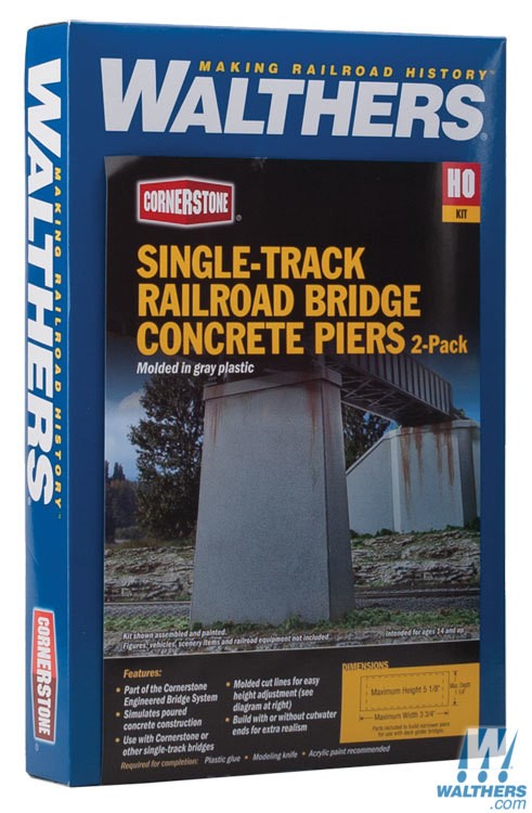 Walthers Cornerstone HO Single-Track Railroad Bridge Concrete Piers pkg(2) - Kit - 5-1/8 x 1-1/8 x 3-3/4in 13 x 2.8 x 9.5cm (Includes Cutwater) Walthers Cornerstone TRAINS - HO/OO SCALE