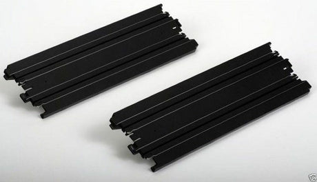 Straight black plastic tracks for slot car racing, two pieces included in the AFX 70601 product.