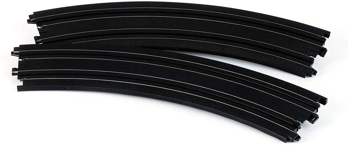 Curved black track pieces for slot car racing, featuring the AFX 70621 18-inch Curve Track (2 pieces).
