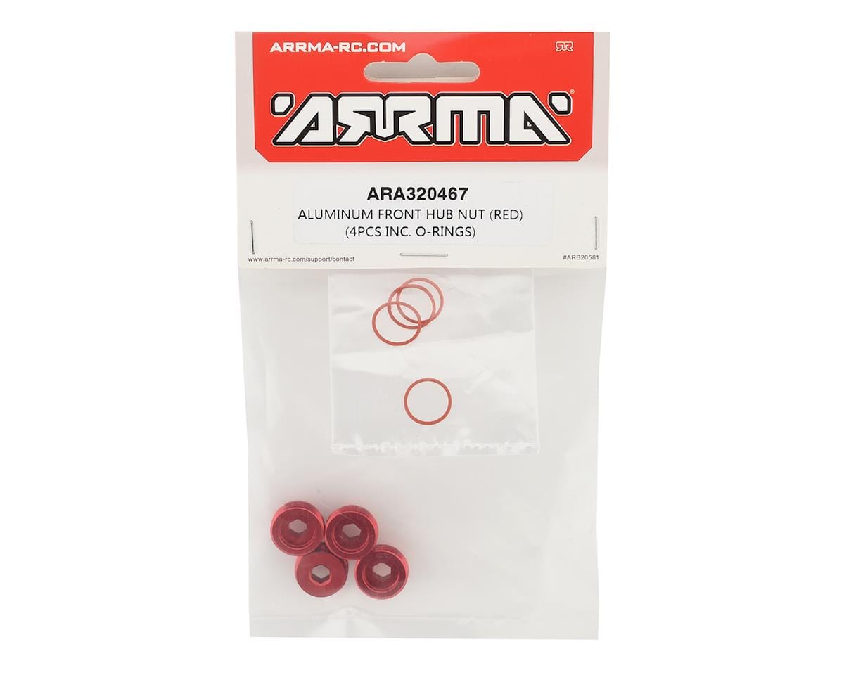 Arrma ARA320467 Aluminum Front Hub Nut Red (4pcs) inc O-Rings, AR320467 - Hobbytech Toys