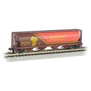Bachmann N Canadian Cylindrical 4-Bay Grain Hopper - Ready to Run - Silver Series(R) - Saskatchewan Grain Car Corp. (orange, brown, yellow) Bachmann TRAINS - N SCALE