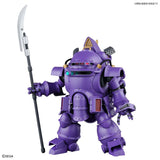 Detailed model of purple Gundam mecha with wielding long spear and various robotic features.