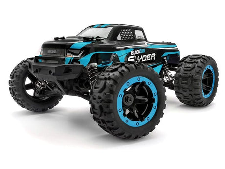 Blackzon Slyder MT 1/16 4WD Electric Monster Truck in Blue, featuring large off-road tires and a rugged, detailed design.