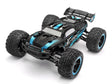 Sleek black and blue electric stadium truck with large off-road tires, featuring a high-performance design for thrilling RC racing experiences.