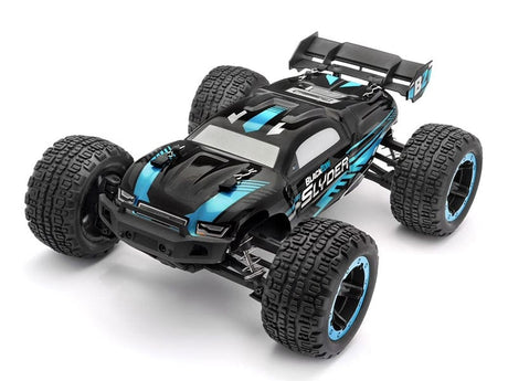 Sleek black and blue electric stadium truck with large off-road tires, featuring a high-performance design for thrilling RC racing experiences.