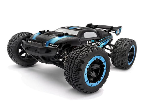 Sleek black and blue Blackzon Slyder ST 1/16 4WD electric stadium truck with rugged off-road tires and detailed exterior design.