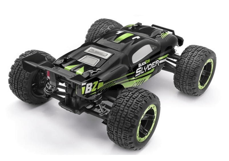 Blackzon Slyder ST 1/16 4WD electric stadium truck in vibrant green color with rugged off-road tires.