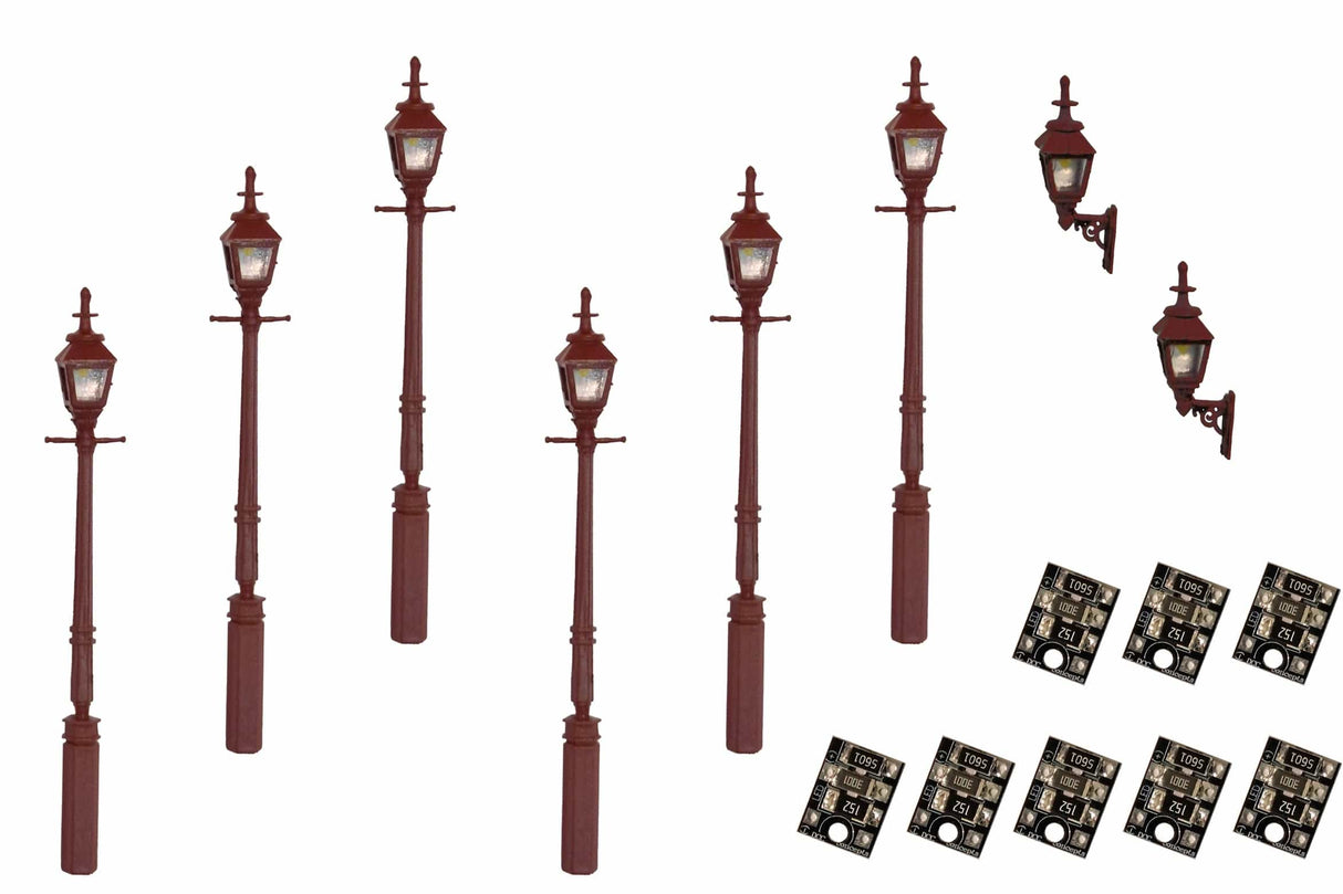 DCC Concepts 4mm Scale Gas Lamps Value Pack - Maroon (2x Wall Lamps, 6xStreet/Platform Lamps) - LML-VPGMR - Hobbytech Toys