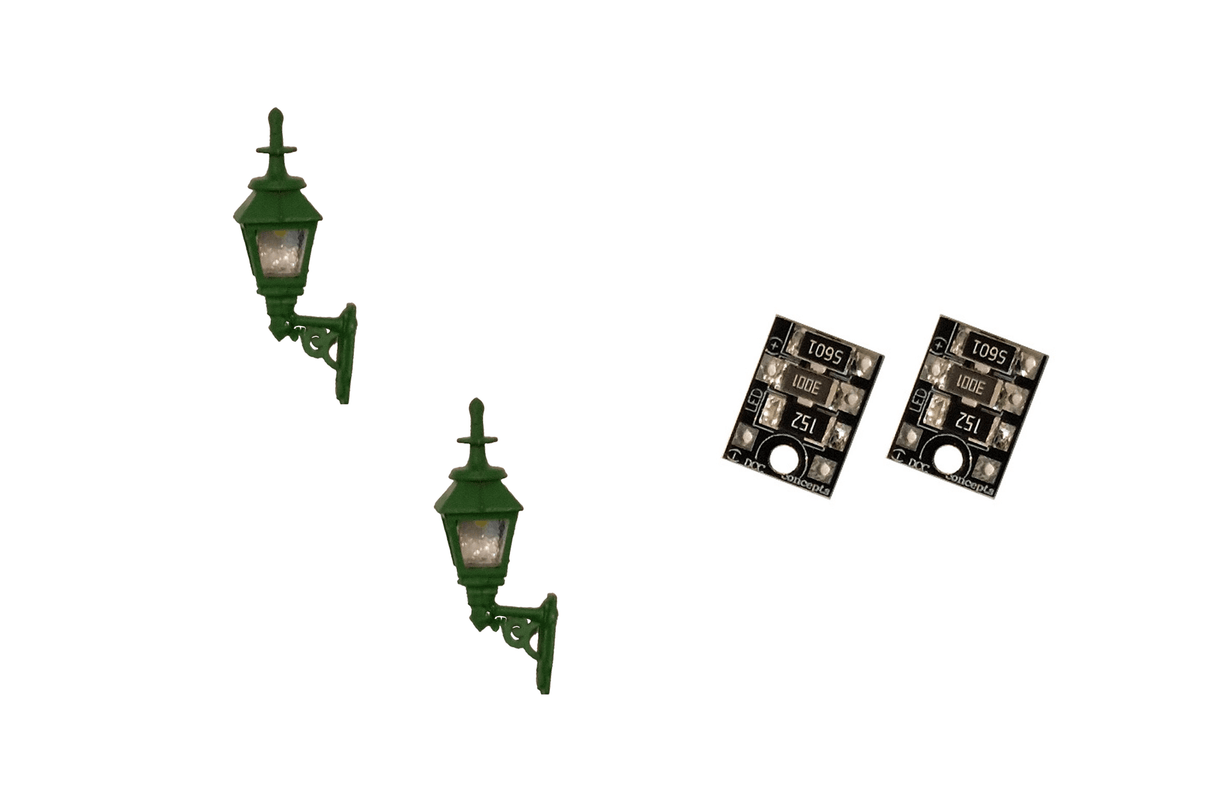 DCC Concepts 4mm Scale Gas Wall Lamps â€“ Green (2 pack) - LML-GWGR - Hobbytech Toys