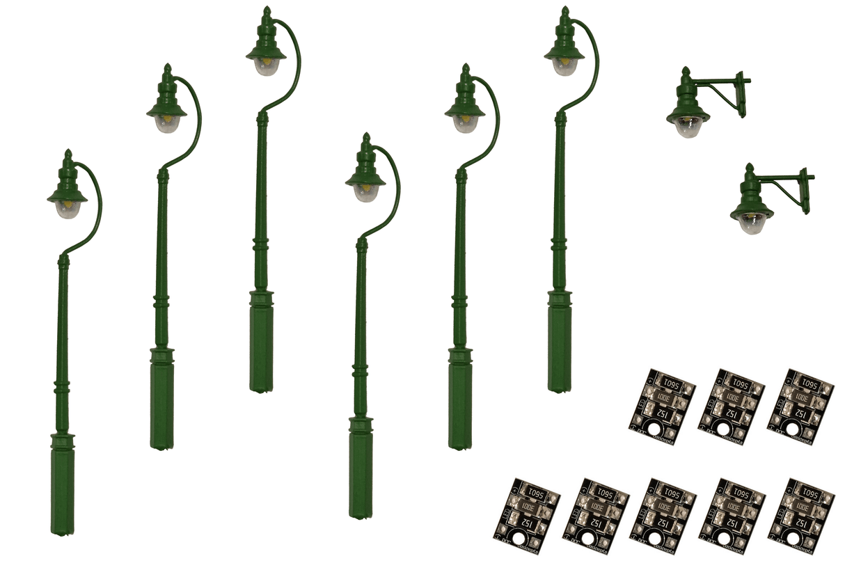 DCC Concepts 4mm Scale Swan-Neck Lamps Value Pack - Green (2x Wall Lamps, 6x Street/Platform Lamps) - LML-VPSGR - Hobbytech Toys