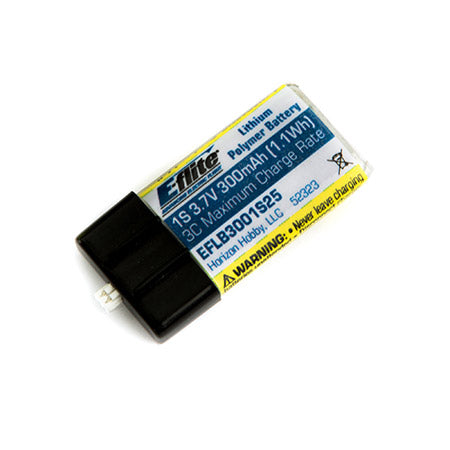 Compact E-Flite 300mAh 1S 3.7V 25C Lipo battery for remote-controlled models.