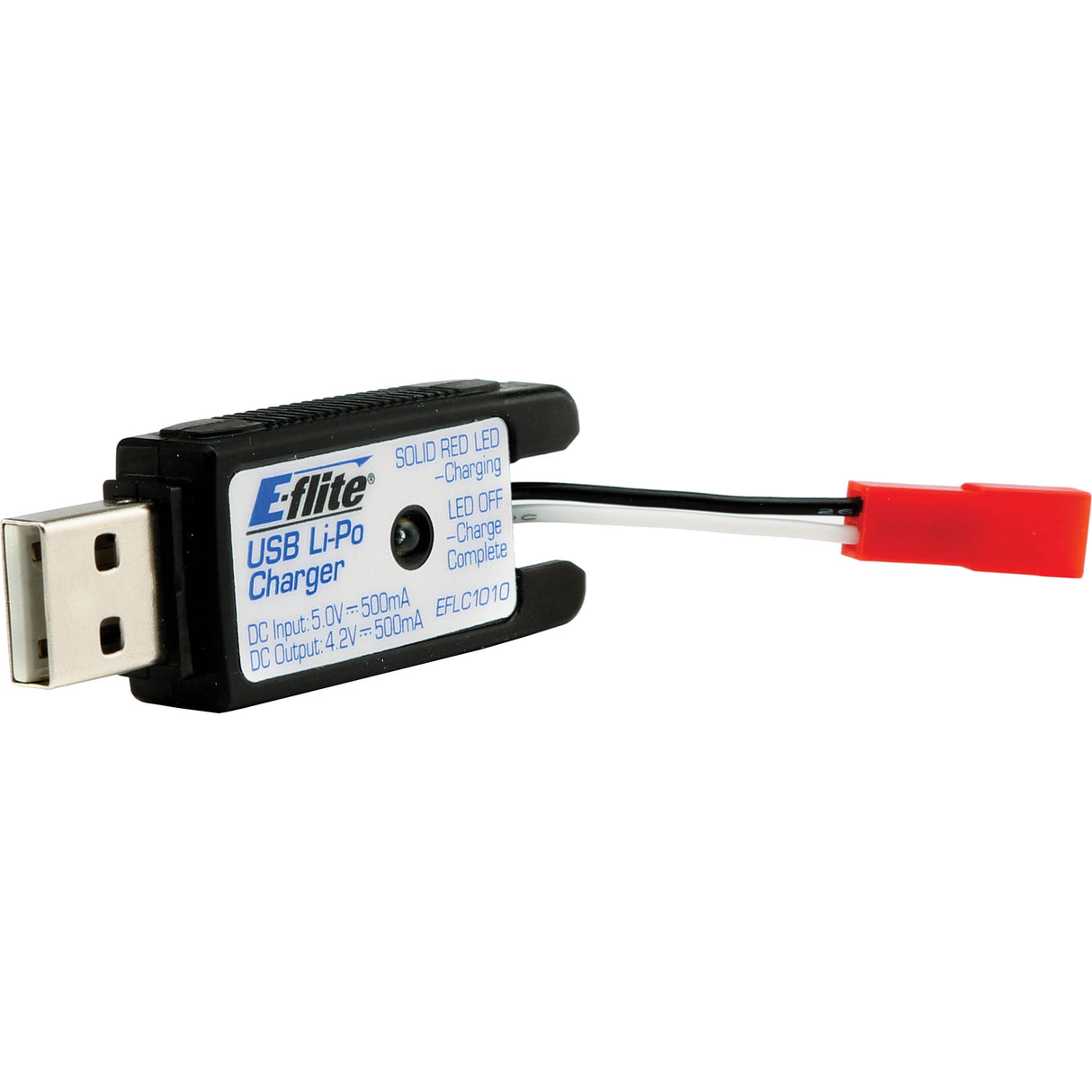 Compact USB LiPo charger for RC models. Small black device with LED indicator and JST plug for effortless battery charging.