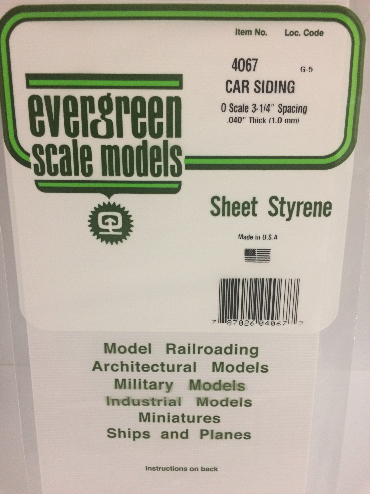 Evergreen 4067 Styrene Car Siding Sheet O 1.69mm Spacing - 1.0x150x300mm / .040x6x12" (1pc) - Hobbytech Toys