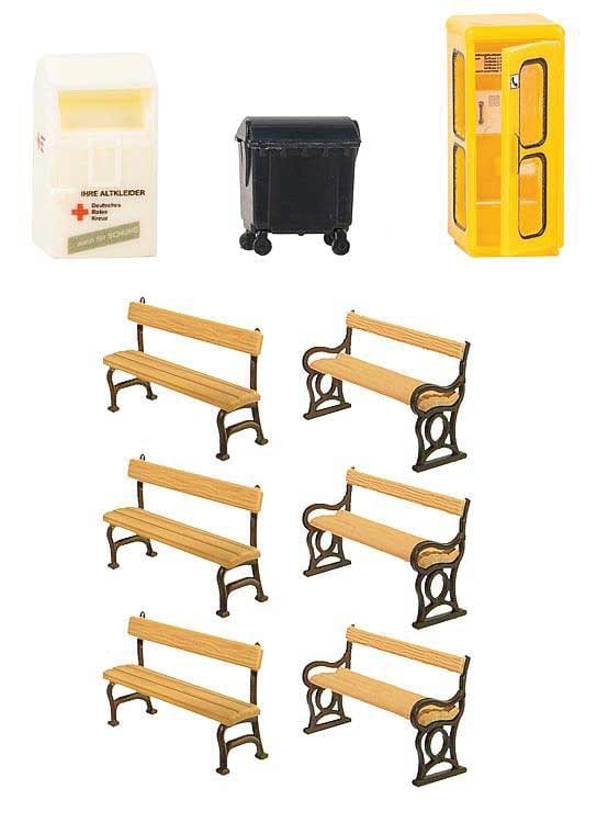 Faller Gmbh HO City Detail Set - 6 Benches, Dumpster, Donation Bin, Telephone Booth Faller Gmbh TRAINS - HO/OO SCALE