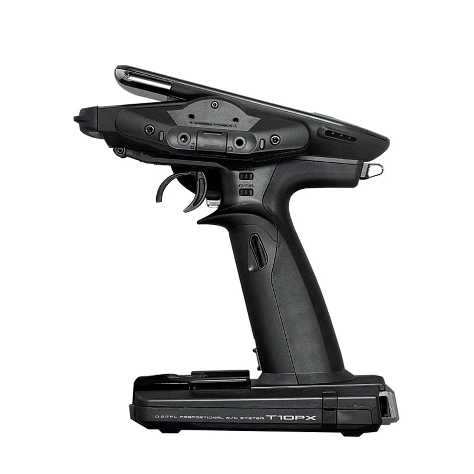 Sleek Futaba 10PXR radio transmitter with two R404SBS receivers and charger, designed for precise control of radio-controlled models.