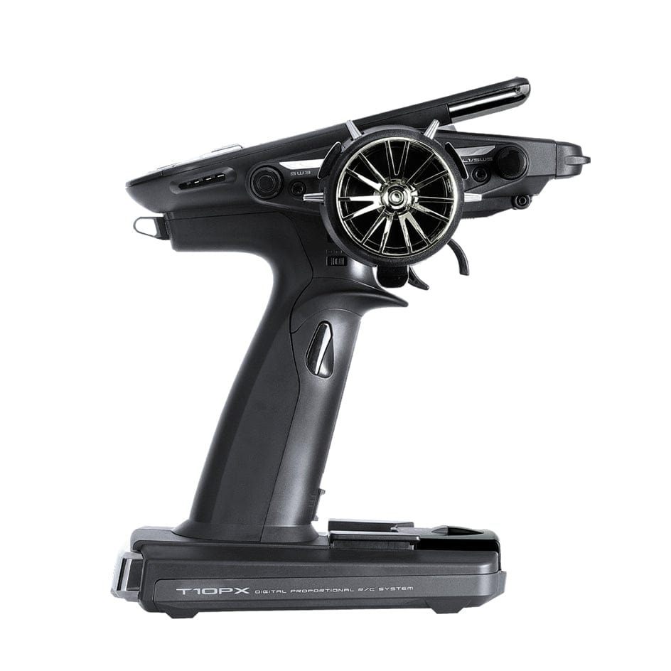 Sleek black wireless remote control with stylish dial and buttons for advanced RC operations.