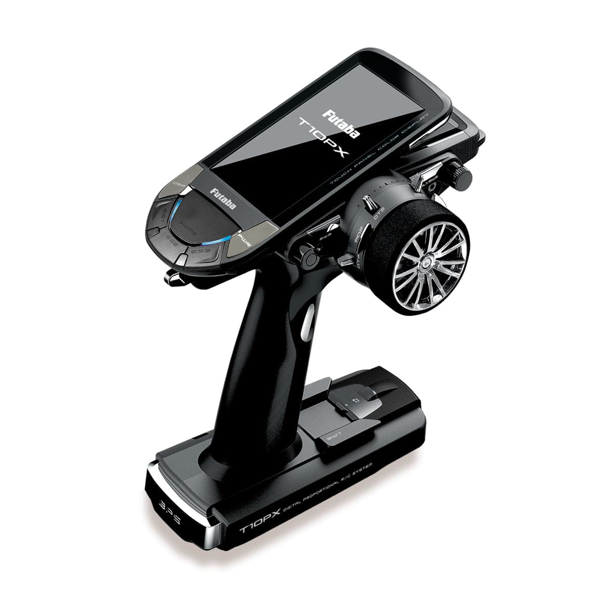 Futaba 10PXR radio gear with two R404SBS receivers and a charger, featuring a sleek black touchscreen controller on a stylish stand.