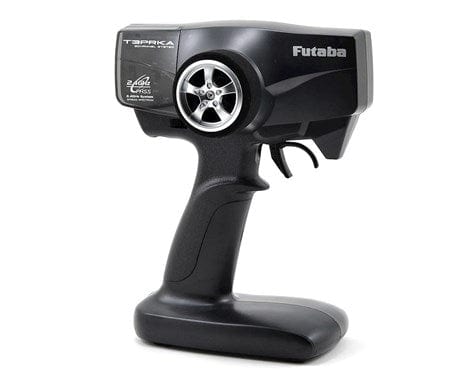 Compact 3-channel 2.4GHz RC transmitter with R203GH receiver, featuring a sleek black design for intuitive control.