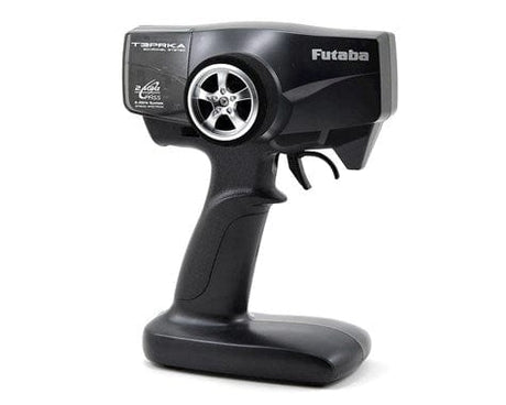 Compact 3-channel 2.4GHz RC transmitter with R203GH receiver, featuring a sleek black design for intuitive control.