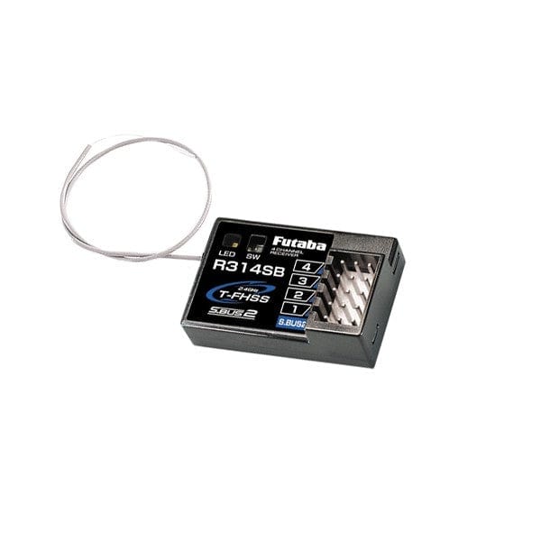 Futaba 3PV 2.4Ghz Remote W/R314SB Rx, a compact radio control receiver with a sleek metallic design.