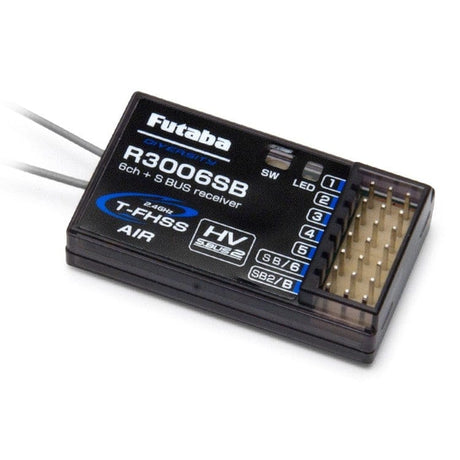 Compact Futaba R3006SB 2.4Ghz Receiver with advanced radio control features on display.