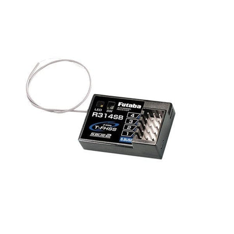 Sleek black Futaba R314SB surface receiver with multiple ports and cable, designed for radio control applications.