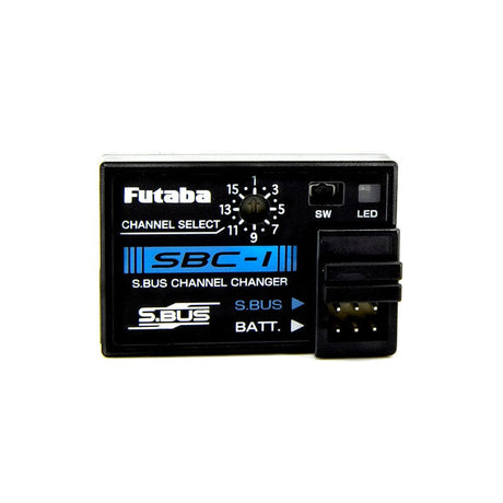 Compact Futaba SBC-1 S.Bus Channel Programmer with channel selection dial and LED indicator for radio control gear.
