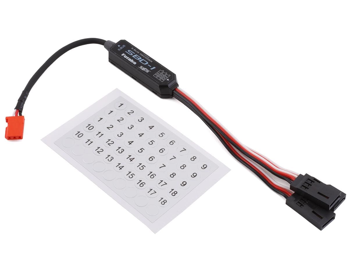 Compact S.Bus decoder by Futaba, a leading radio gear brand, with numbered channels and cable connections for seamless integration into RC models.