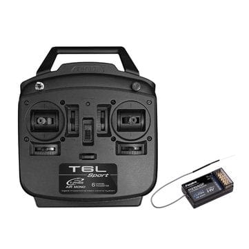 Futaba T6L 6ch Transmitter FHSS W/R3106GF Mode 2 - Handheld radio control device with black exterior and various ports for remote control operation.