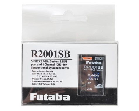 Compact Futaba R2001SB 1-channel 2.4GHz receiver with S-FHSS and S.BUS support, ideal for drone control applications.