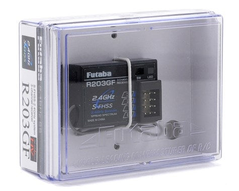 Compact 2.4GHz S-FHSS surface receiver by Futaba, featuring a clear acrylic case for easy visibility of the internal components.