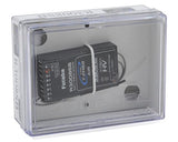Compact 2.4GHz radio receiver unit, Futaba R3008SB model, in clear protective casing showcasing its sleek, high-tech design and connectivity features.
