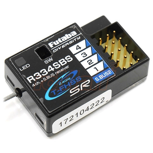 Compact Futaba R334SBS telemetry receiver for 7Px radio control system. Features 4-channel output and S.Bus2 protocol for remote data transmission.