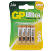Compact pack of GP Ultra Alkaline AAA Heavy Duty Batteries, designed for reliable performance in various electronic devices.