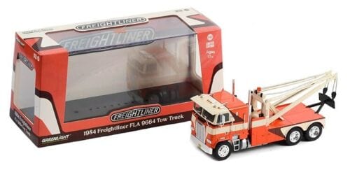 Greenlight 1/43 1984  Freightliner FLA 9664 Tow Truck - Orange with White and Brown - Hobbytech Toys