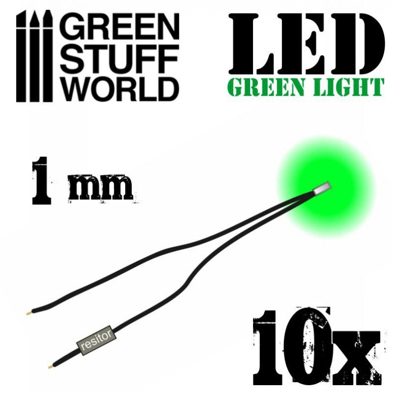 Green Stuff World Green Led Lights - 1mm (10pcs) Green Stuff World PAINT, BRUSHES & SUPPLIES