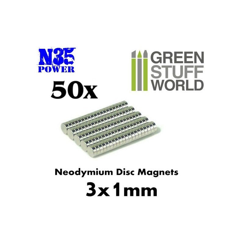 Green Stuff World Neodymium N35 Magnets 3X1mm (50pcs) Green Stuff World PAINT, BRUSHES & SUPPLIES