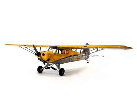 Detailed Hangar 9 Carbon Cub 15Cc Arf RC plane in yellow, with propeller and wings, placed against a white background.