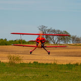 Red and black remote-controlled biplane model flying over a grassy field with trees in the background.