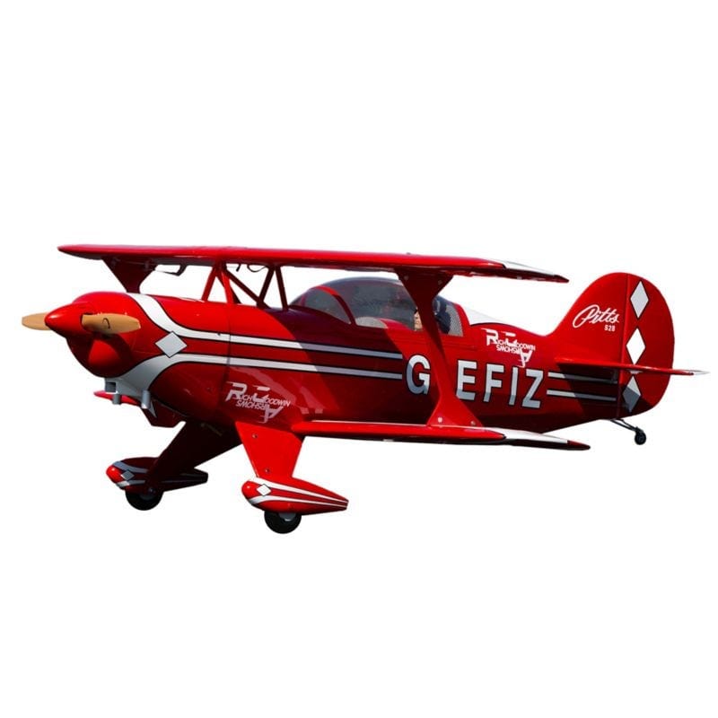 Detailed vintage-style red and white RC airplane with propeller engine and bold lettering "GEFIZ" on the fuselage, ready for flight.
