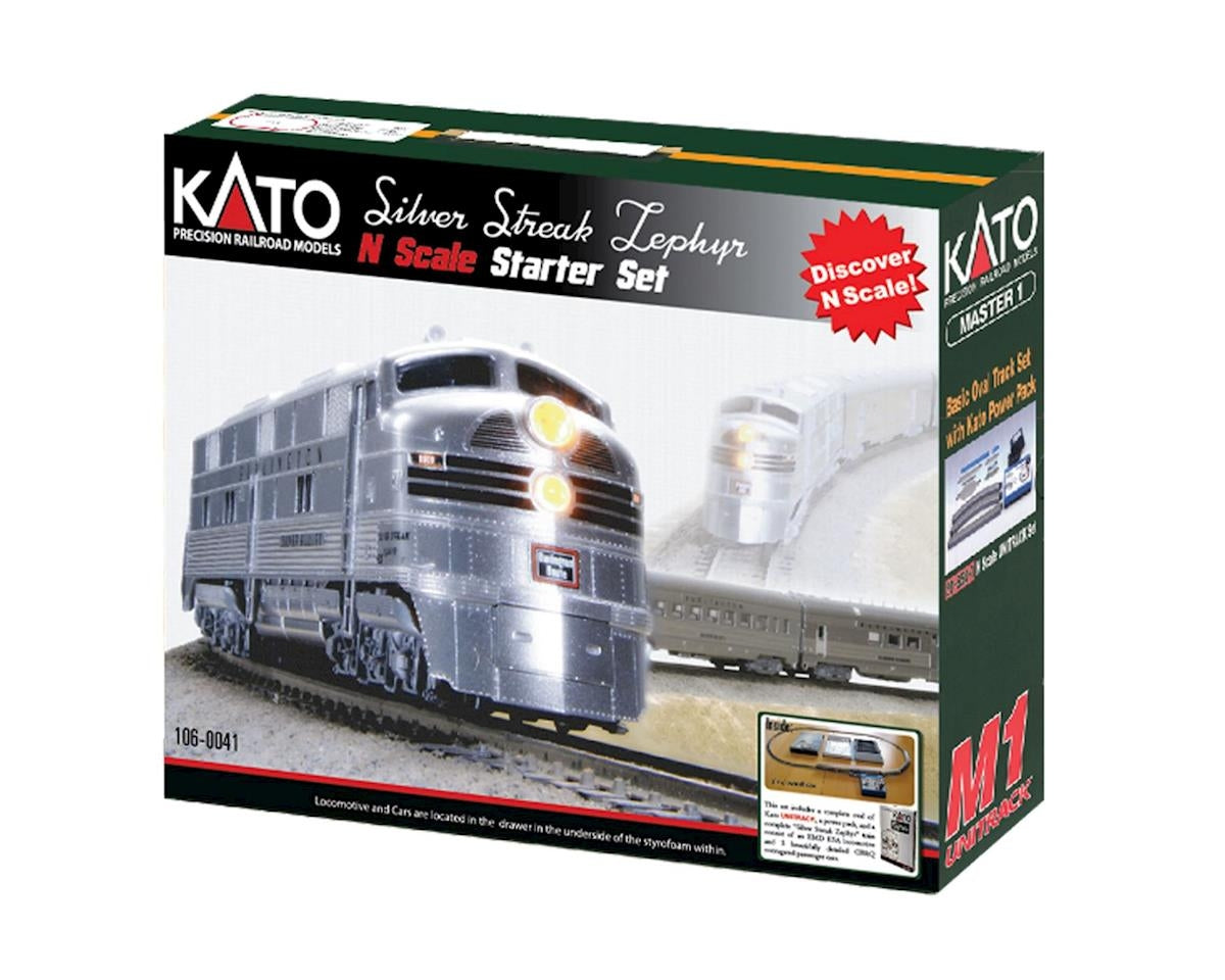 Kato N Silver Streak Zephyr Starter Set - Chicago, Burlington & Quincy (silver, black) Kato TRAINS - N SCALE