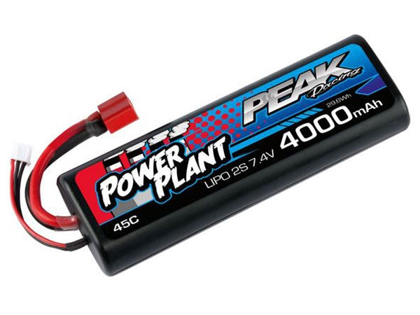 Compact 4000mAh 2S 7.4V 45C Lipo battery with Deans connector for Peak Racing power equipment.