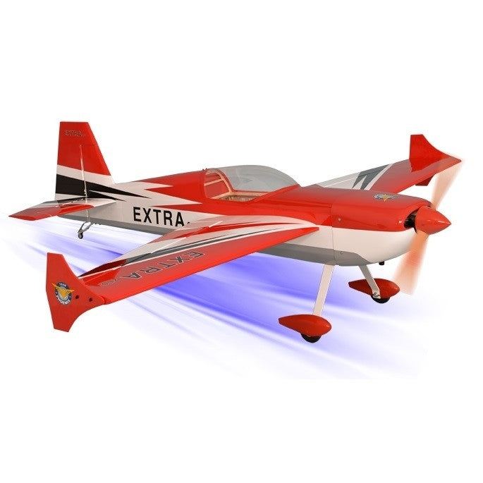 Sleek red and gray RC plane model, the Phoenix Model Extra 260 35Cc ARF Kit, featuring a powerful 35cc engine and aerodynamic design for high-performance remote-controlled flight.